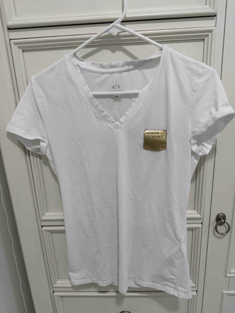 Armani Exchange White Tee with Gold Logo Patch